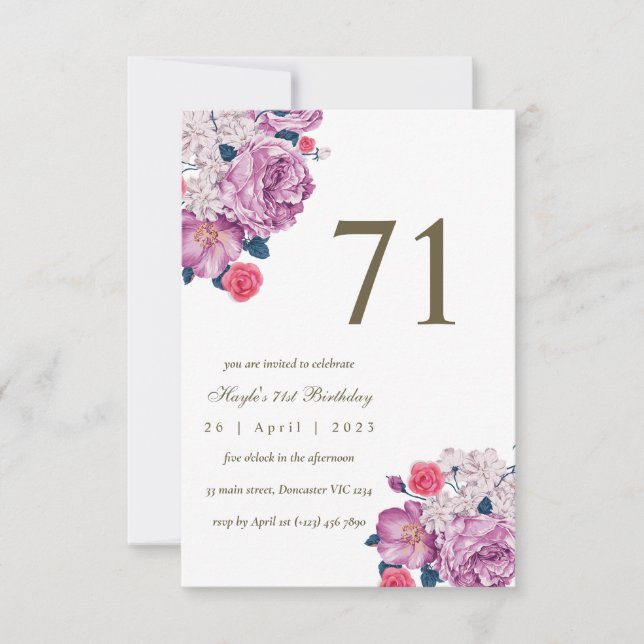 Purple Floral Botanical Simple Chic 71st Birthday Invitation (Front)