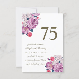 Purple Floral Botanical Simple Chic 75th Birthday Invitation