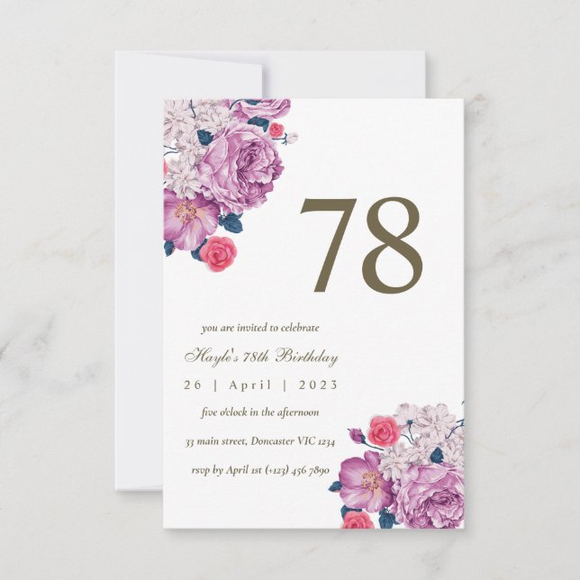 Purple Floral Botanical Simple Chic 78th Birthday Invitation (Front)