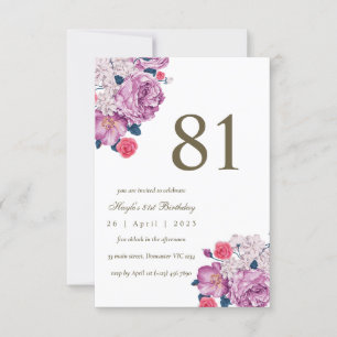 Purple Floral Botanical Simple Chic 81st Birthday Invitation