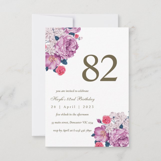 Purple Floral Botanical Simple Chic 82nd Birthday Invitation (Front)