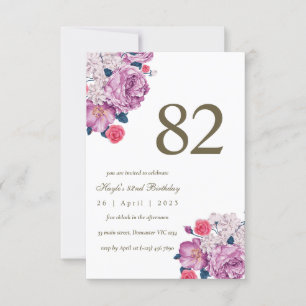 Purple Floral Botanical Simple Chic 82nd Birthday Invitation