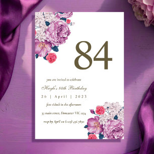 Purple Floral Botanical Simple Chic 84th Birthday Invitation