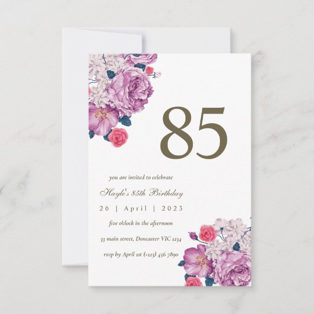 Purple Floral Botanical Simple Chic 85th Birthday Invitation (Front)