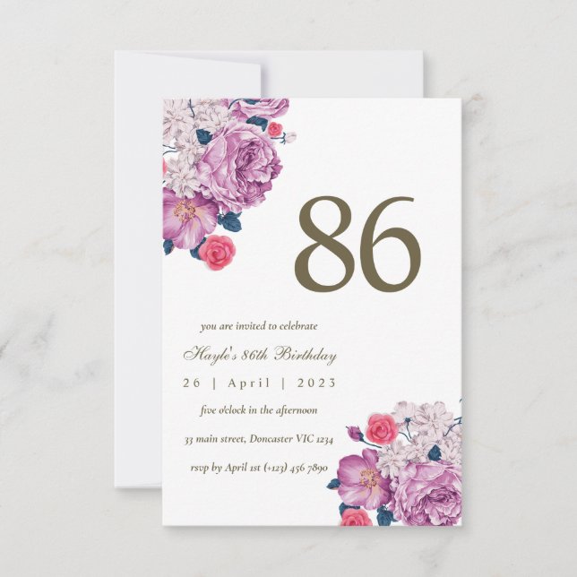 Purple Floral Botanical Simple Chic 86th Birthday Invitation (Front)