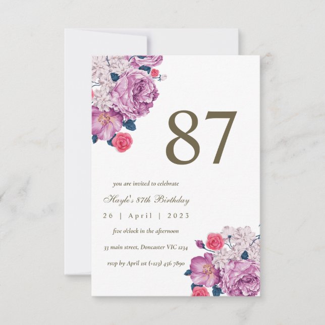 Purple Floral Botanical Simple Chic 87th Birthday Invitation (Front)