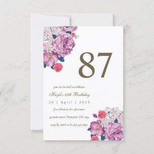 Purple Floral Botanical Simple Chic 87th Birthday Invitation