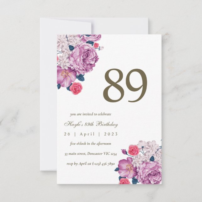 Purple Floral Botanical Simple Chic 89th Birthday Invitation (Front)