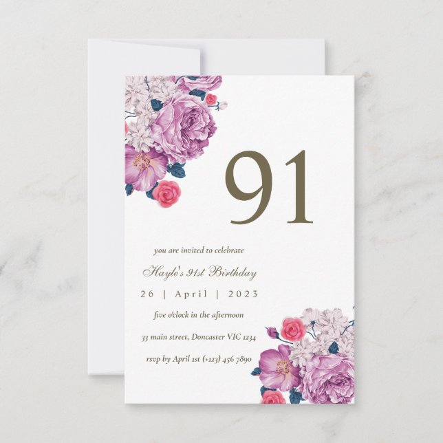 Purple Floral Botanical Simple Chic 91st Birthday Invitation (Front)
