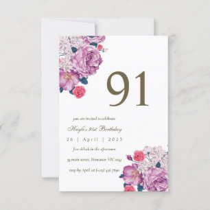 Purple Floral Botanical Simple Chic 91st Birthday Invitation