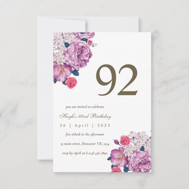 Purple Floral Botanical Simple Chic 92nd Birthday Invitation (Front)