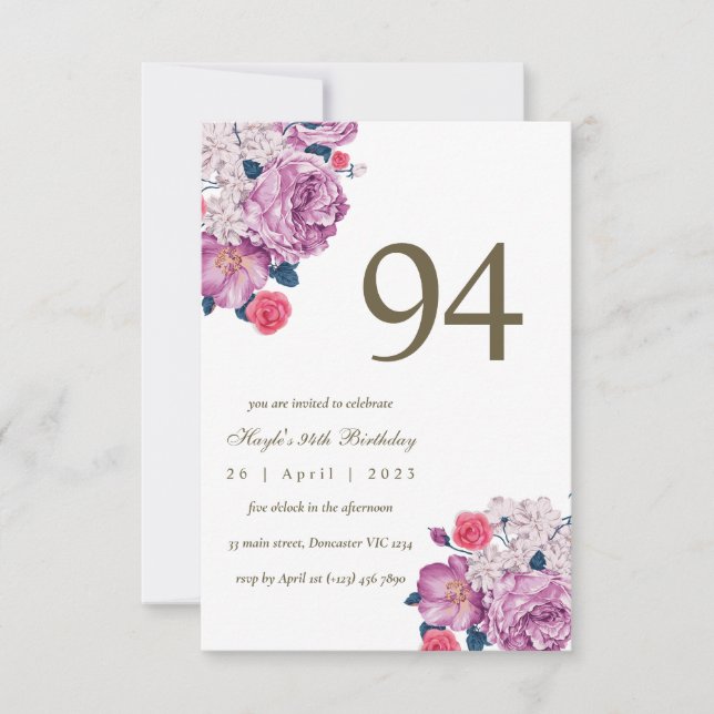 Purple Floral Botanical Simple Chic 94th Birthday Invitation (Front)