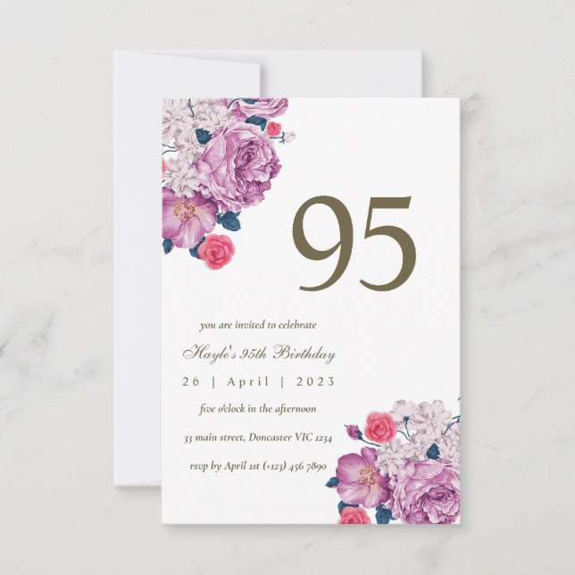 Purple Floral Botanical Simple Chic 95th Birthday Invitation (Front)