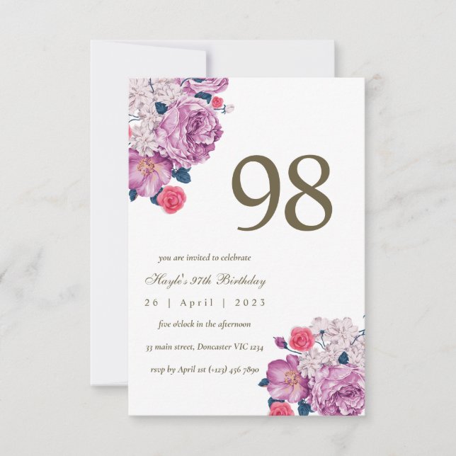 Purple Floral Botanical Simple Chic 98th Birthday Invitation (Front)