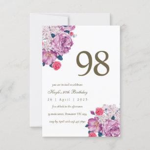 Purple Floral Botanical Simple Chic 98th Birthday Invitation
