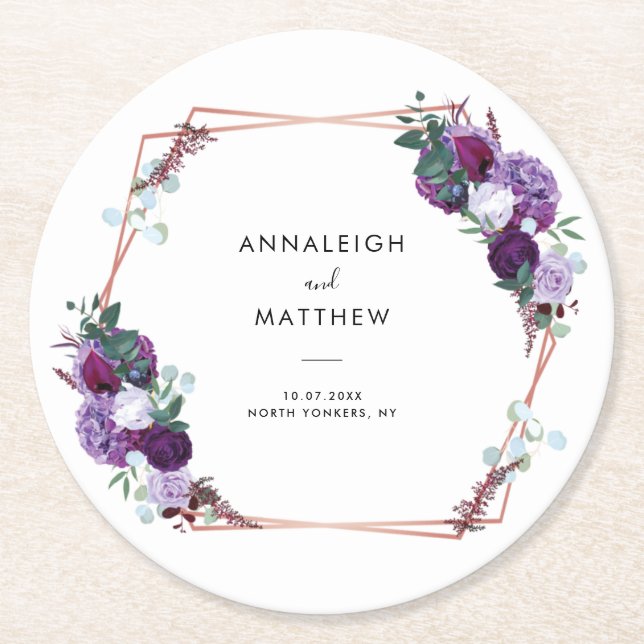 Purple Floral Botanical Wedding Favours Round Paper Coaster (Front)