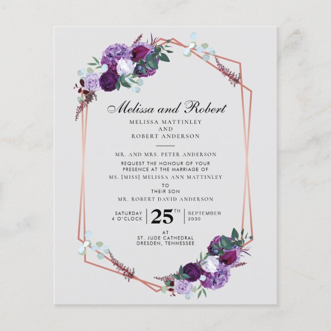 Purple Floral Botanical Wedding Invitation (Front)