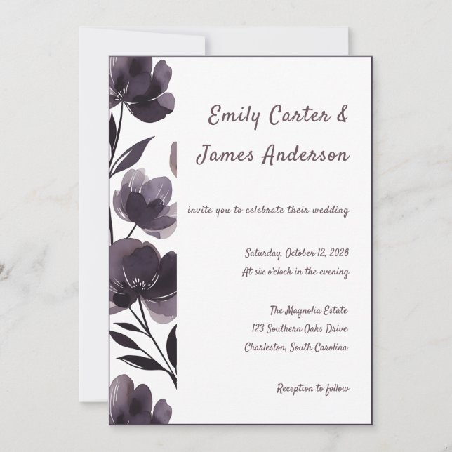 Purple Floral Botanical Wedding Invitation (Front)