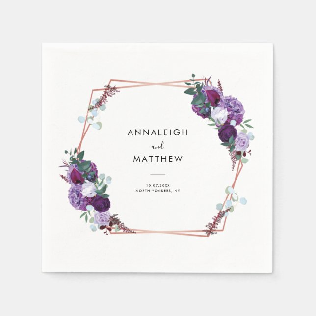 Purple Floral Botanical Wedding Paper Napkin (Front)