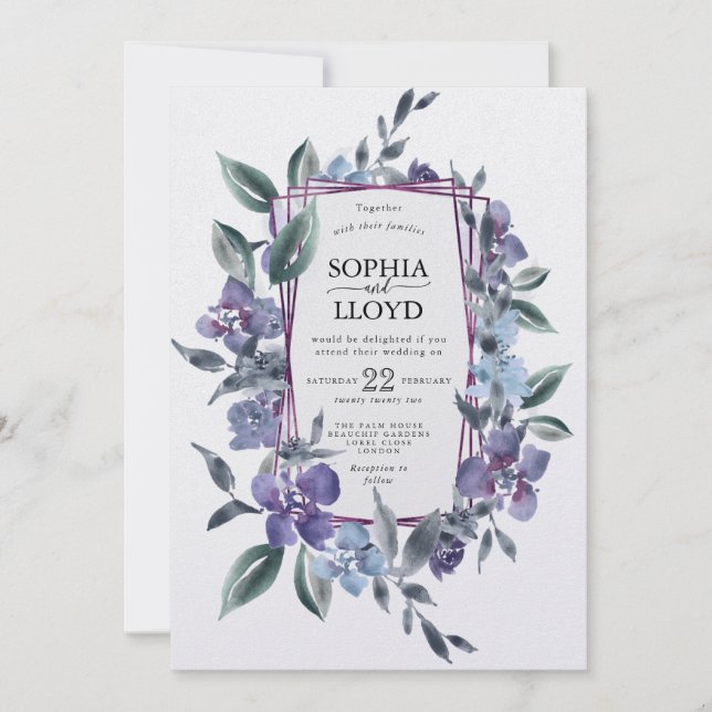 Purple floral bouquet geometric frame holiday card (Front)