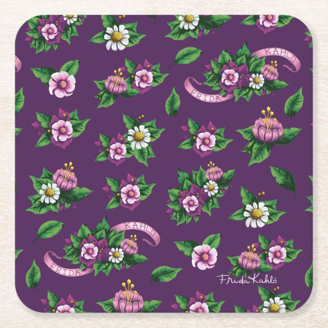 Purple Floral Bouquet Pattern Square Paper Coaster (Front)