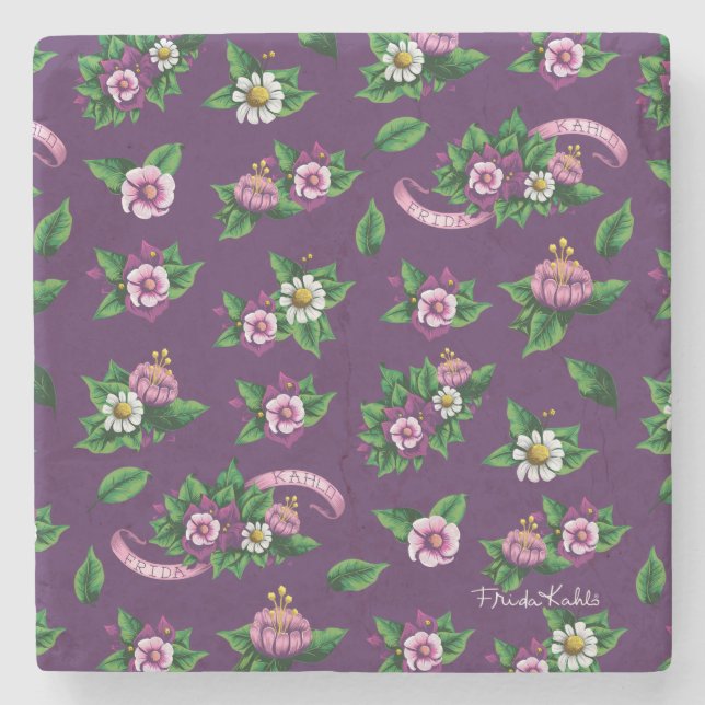 Purple Floral Bouquet Pattern Stone Coaster (Front)