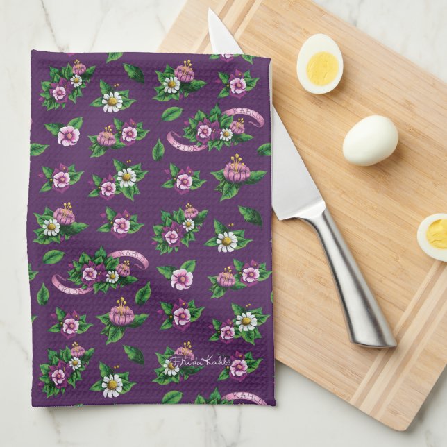 Purple Floral Bouquet Pattern Tea Towel (Quarter Fold)