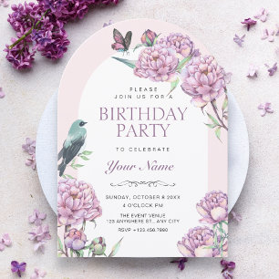 Purple floral branch birthday invitation