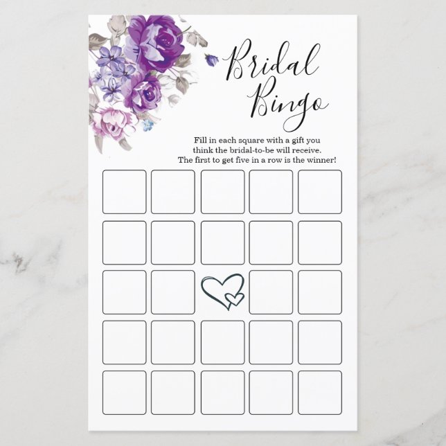 Purple Floral Bridal Shower Bingo Cards  (Front)