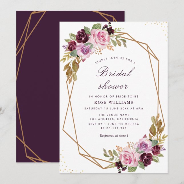 Purple floral bridal shower invitation (Front/Back)