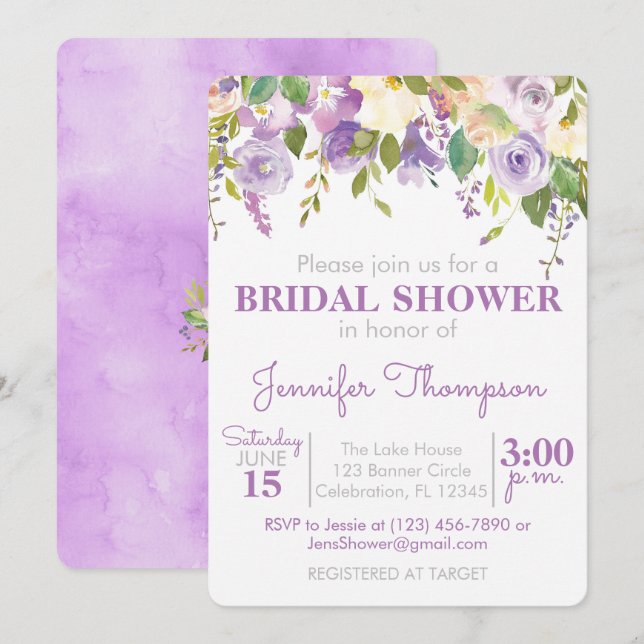 Purple Floral Bridal Shower Invitation (Front/Back)