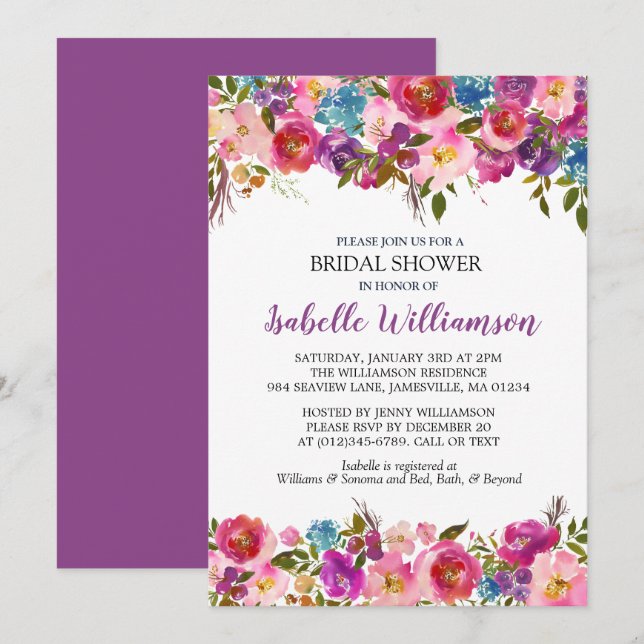 Purple Floral Bridal Shower Invitation Template (Front/Back)