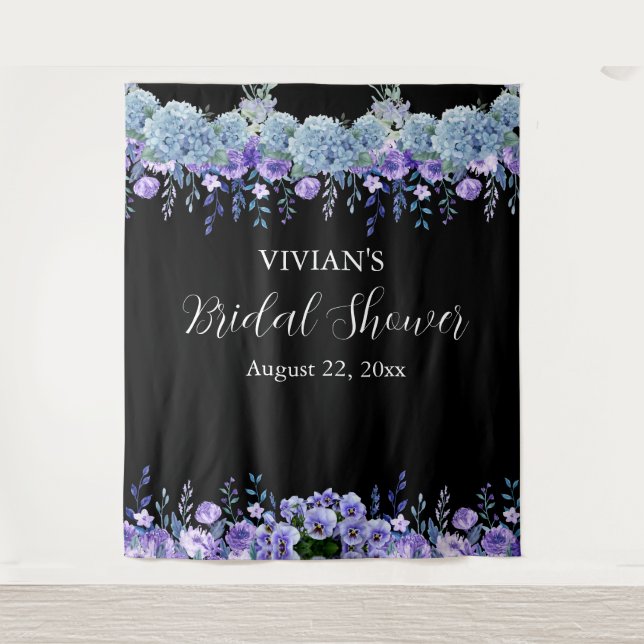 Purple Floral Bridal Shower Photo Booth Backdrop Tapestry (Front)