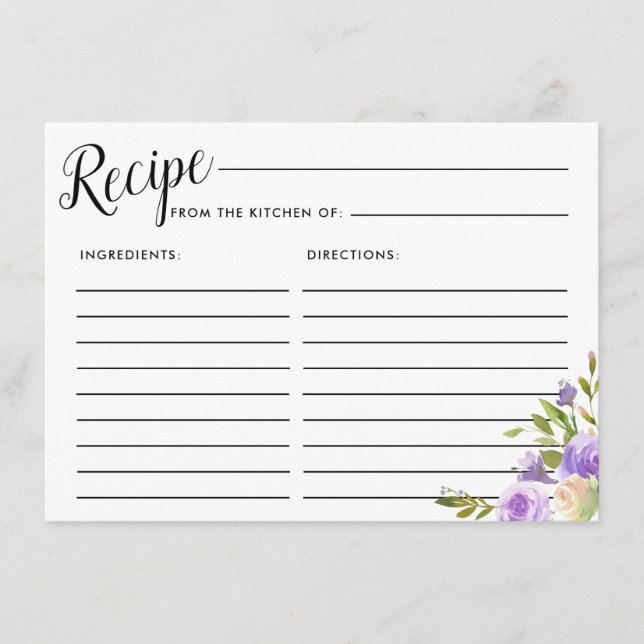 Purple Floral Bridal Shower Recipe Card (Front)
