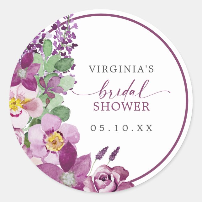 Purple Floral Bridal Shower Sticker (Front)