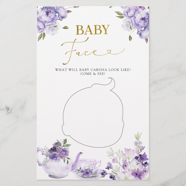 Purple Floral Bridal Shower Tea Baby Face Game (Front)