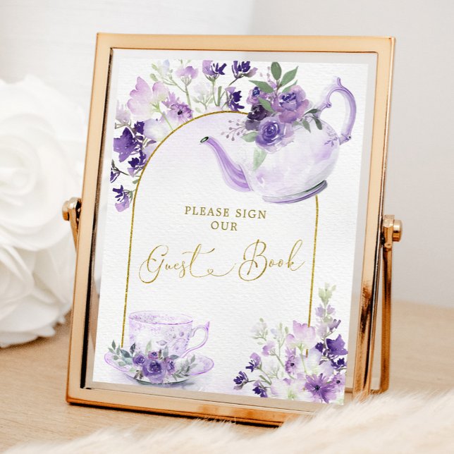 Purple Floral Bridal Shower Tea Guest Book Sign (Creator Uploaded)