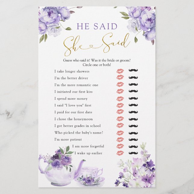 Purple Floral Bridal Shower Tea He Said She Said (Front)