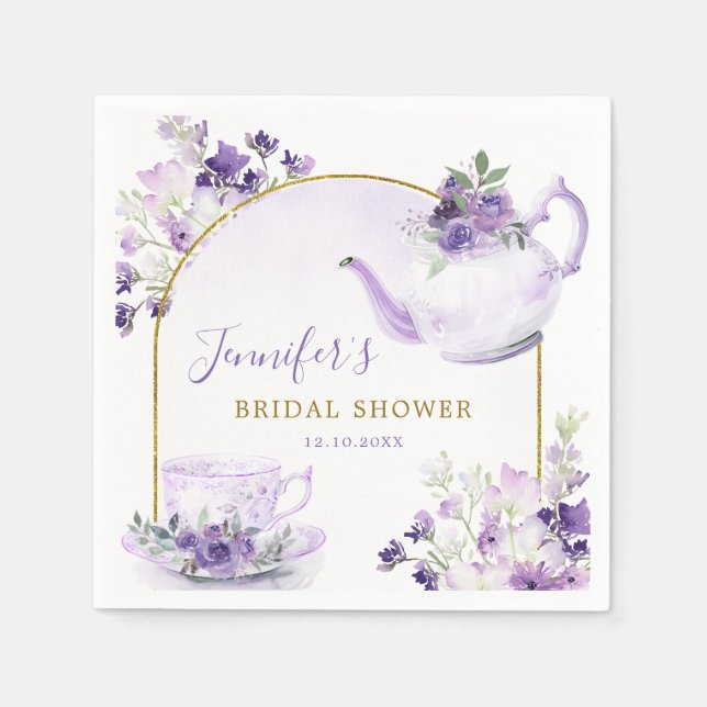 Purple Floral Bridal Shower Tea Paper Napkin (Front)