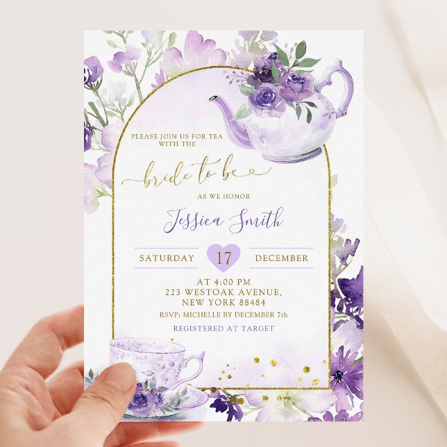 Purple Floral Bridal Shower Tea Party Invitation (Creator Uploaded)