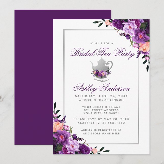 Purple Floral Bridal Shower Tea Party Invitation P (Front/Back)