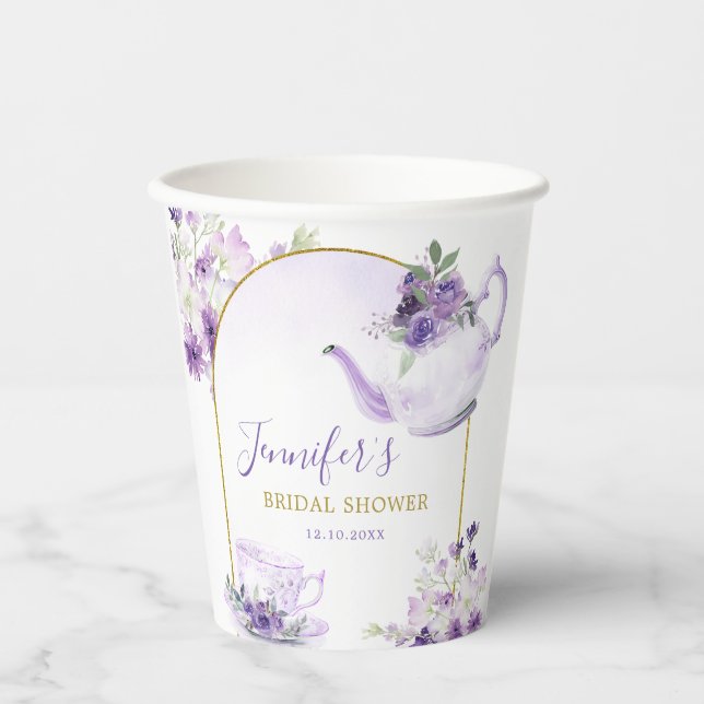 Purple Floral Bridal Shower Tea Party Paper Cup (Front)