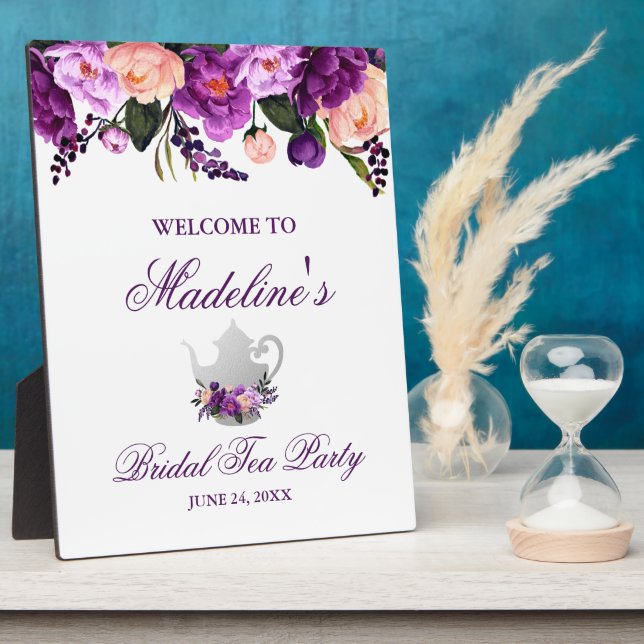 Purple Floral Bridal Shower Tea Party Welcome Plaque (Side)