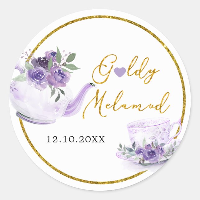 Purple Floral Bridal Shower Tea Thank You Sticker (Front)
