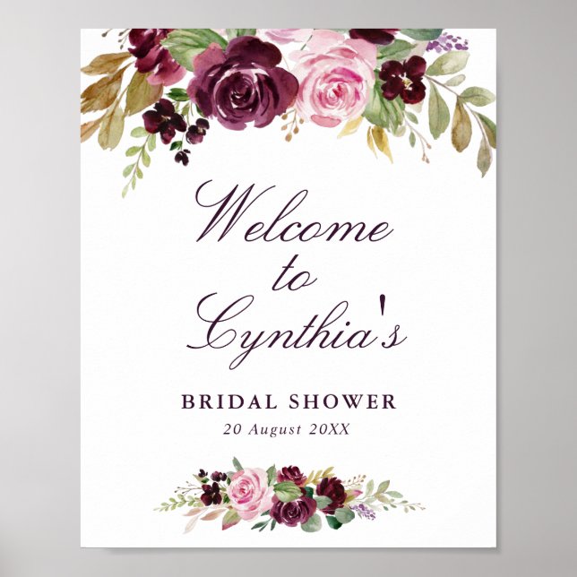 purple floral bridal shower welcome sign (Front)