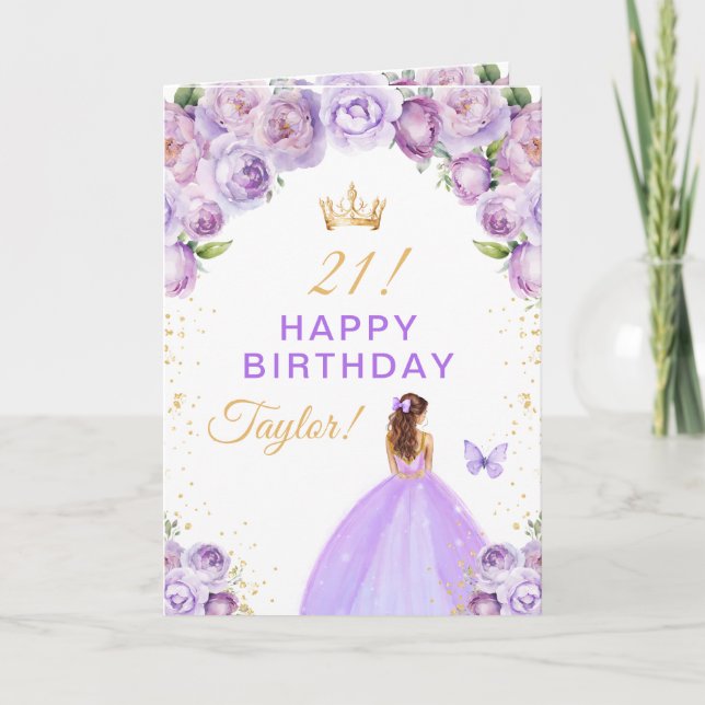 Purple Floral Brown Hair Girl Happy Birthday Card (Front)