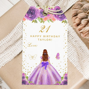 Purple Floral Brown Hair Girl Happy Birthday Gift Tags