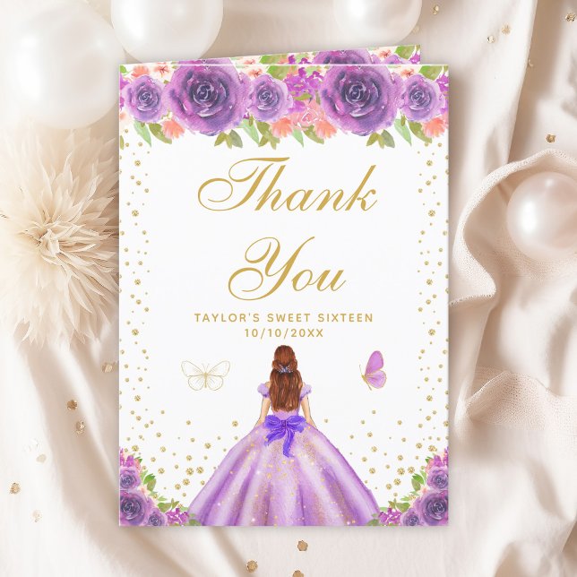Purple Floral Brown Hair Girl Sweet Sixteen Thank You Card (Creator Uploaded)