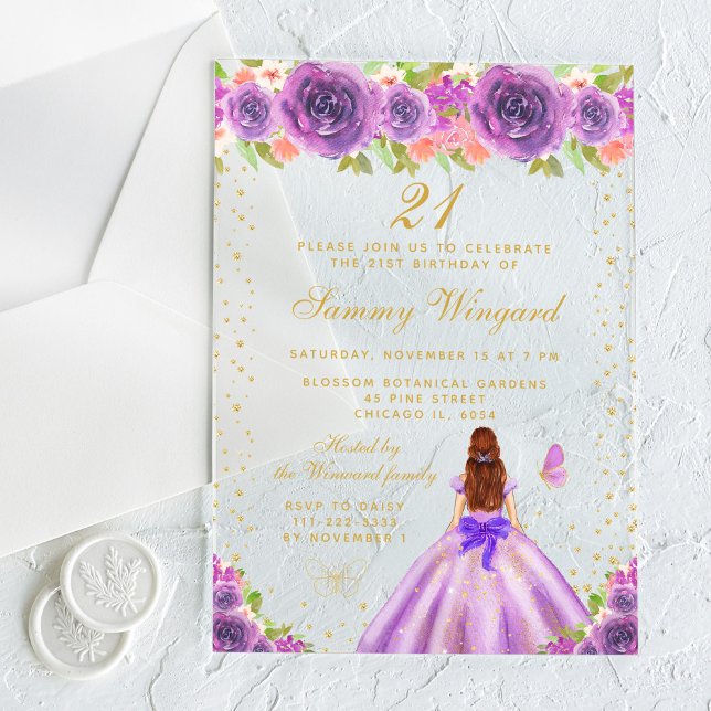 Purple Floral Brown Hair Princess Birthday Party Acrylic Invitations (Creator Uploaded)