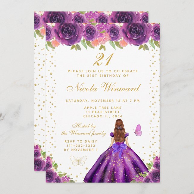 Purple Floral Brown Hair Princess Birthday Party Invitation (Front/Back)